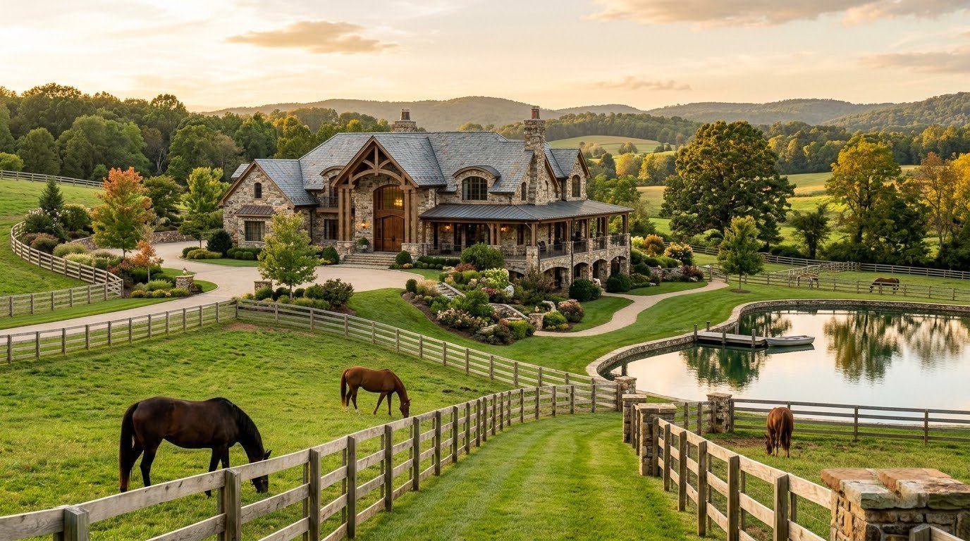 Fenced paddock leading to a stone manor